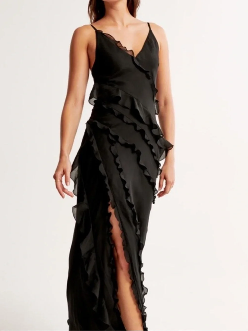 Abercrombie & Fitch Black Ruffle-Trim V-Neck Maxi Dress